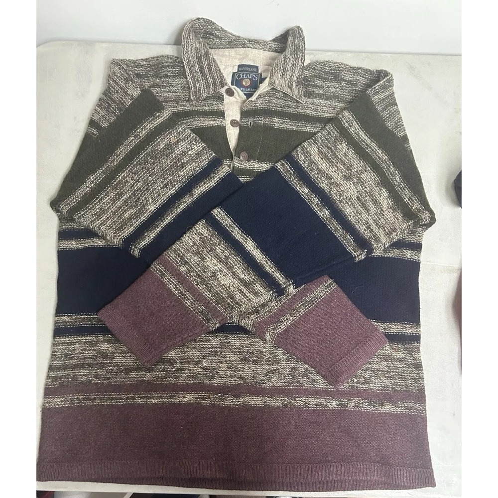 Chaps Ralph Lauren‎ Lambswool Wool Henley Button Sweater Striped Handframe XL